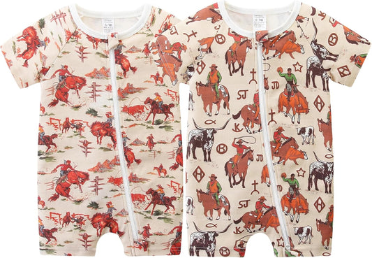 Unisex Summer Trendy 2-Pack Rompers Short Sleeve Zipped Bodysuit Infant Cotton Outfits