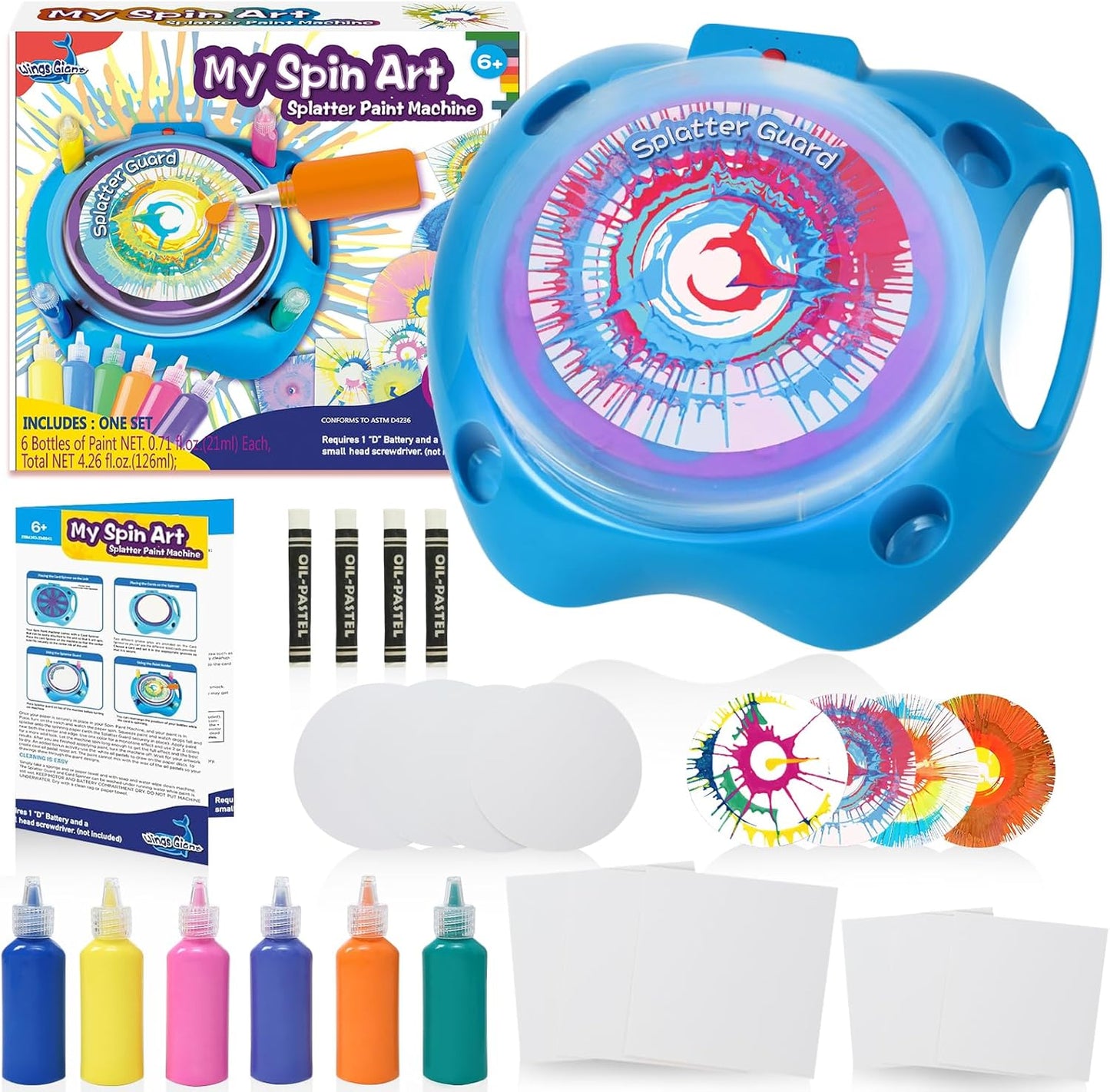 Spin Art Machine Variable Speed, Battery Operated Spinner - Paint Spinner with Splatter Guard, Washable Paint, Spin Art Kit, Stem Toys, Arts and Crafts