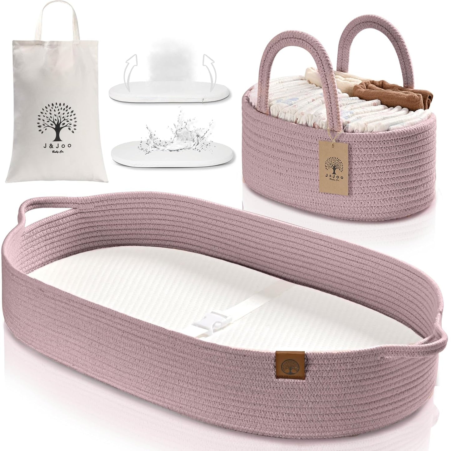Baby Changing Basket Includes Diaper Caddy - Breathable & Waterproof Dual-Cover, Portable, Changing Pad for Dresser & Changing Table, Gift for Baby Shower, Cotton Rope Basket for Baby