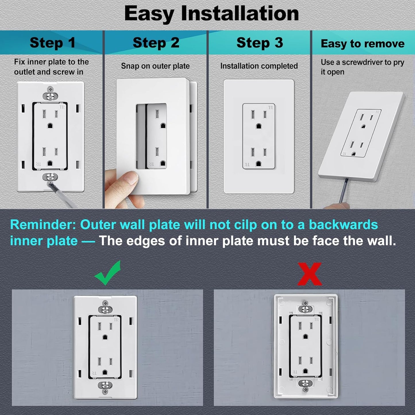 CML Screwless Wall Plates, 40 Pack Decorator Light Switch Covers, 1-Gang Decor Outlet Switch Plate, Standard Size 2.91”x4.68”, Impact Resistant, White