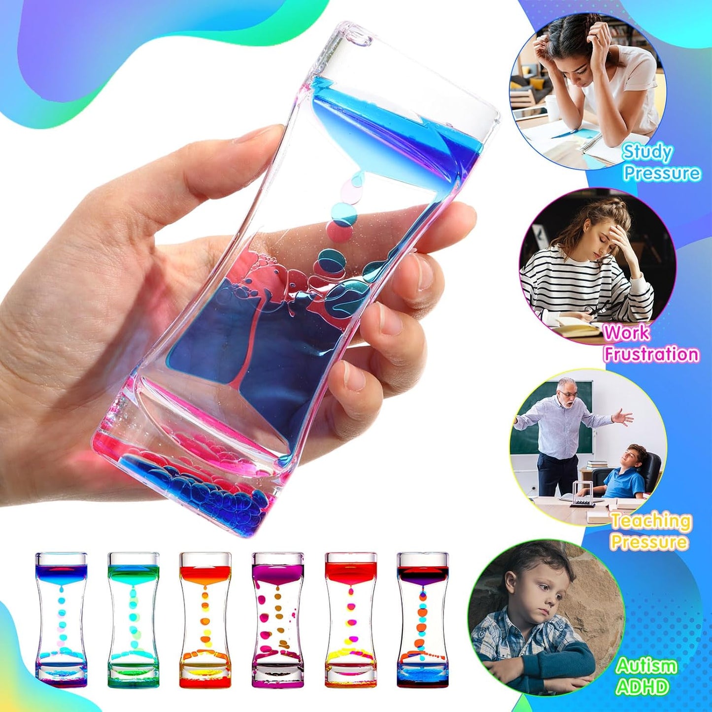 10 Pack Liquid Motion Bubbler Timer for Kids and Adults, 2 Types Calming Fidget Toy Colorful Hourglass Desk Decor Timer Oil Water Liquid for Adhd Anxiety Autism Sensory Play Classroom Prize