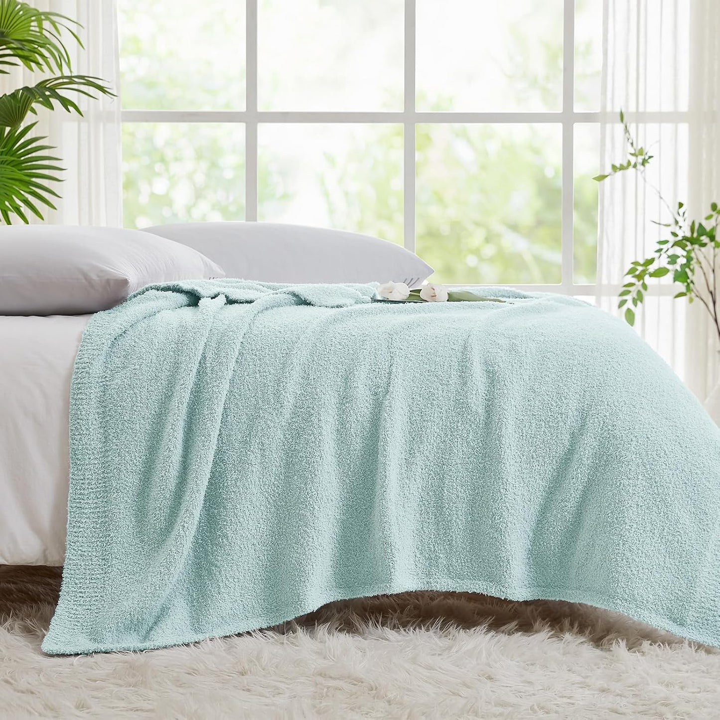 CYMULA Knit Throw Blanket for Couch Sky Blue - Super Soft Lightweight Plush Fuzzy Fluffy Cozy Blankets and Throws for Sofa Bed, 60 x 80 inches