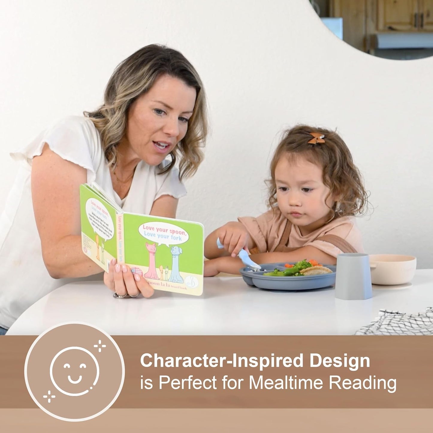 Made in USA Spoon la la Toddler Utensils Set (2 Pack) & Board Book - Spoon & Fork for Kids, Self-Standing 3D Ergonomic Cat & Dog Handles, BPA-free, Dishwasher Safe Baby Silverware (Blue)