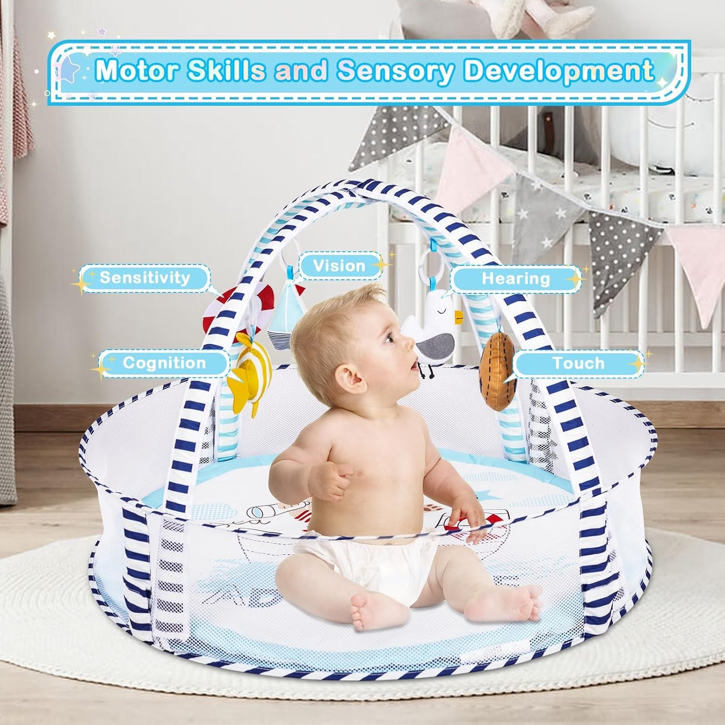 Baby Play Mat, 4-in-1 Baby Play Gym Tummy Time Mat with Ball Pit and 5 Detachable Toys for Newborn to Develop Sensory Exploration and Motor Skill 0-6-12 Months