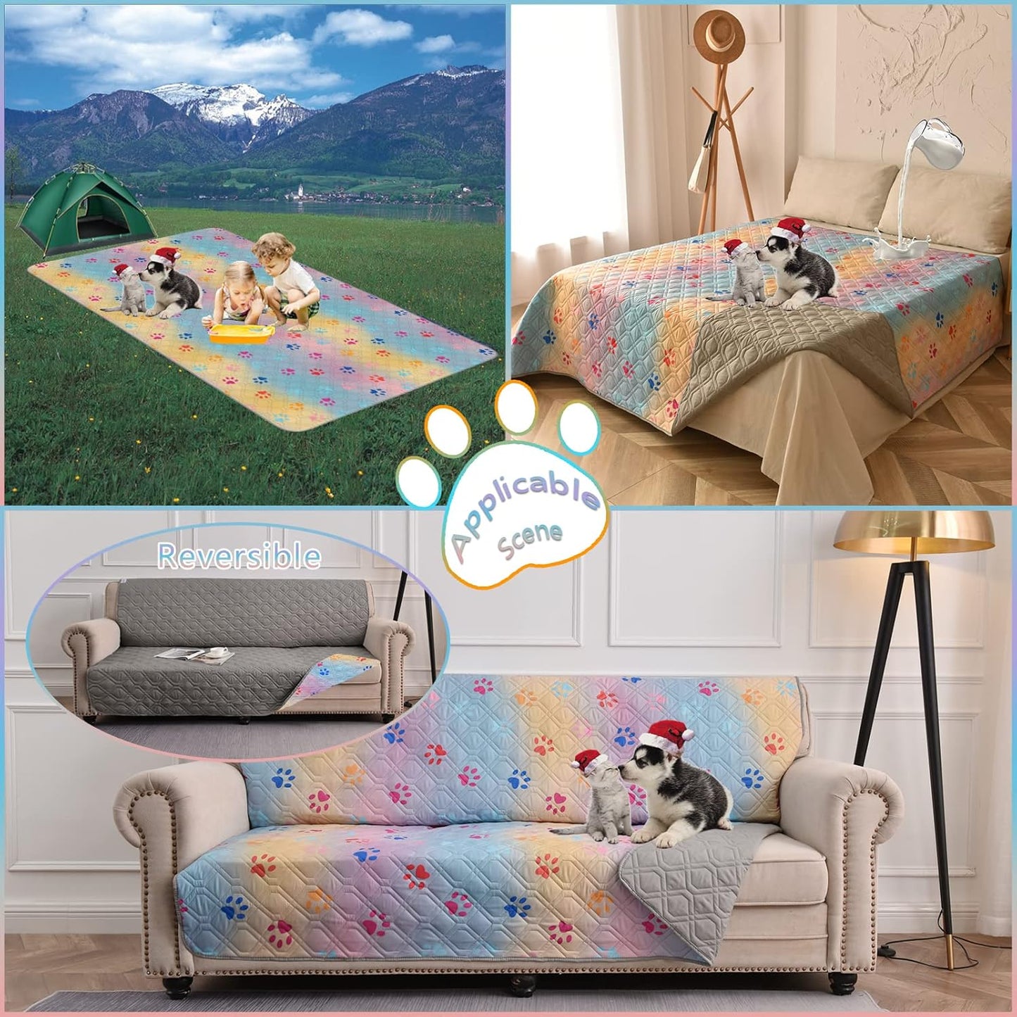 100% Waterproof Dog Bed Cover 68x82 inch Reversible Changing Pad Reusable Camping Mat for Kids/Pet/Dog/Cat Washable Geometric Embroidery Blanket Patchwork Rainbow Dog Paw Printed+Gray