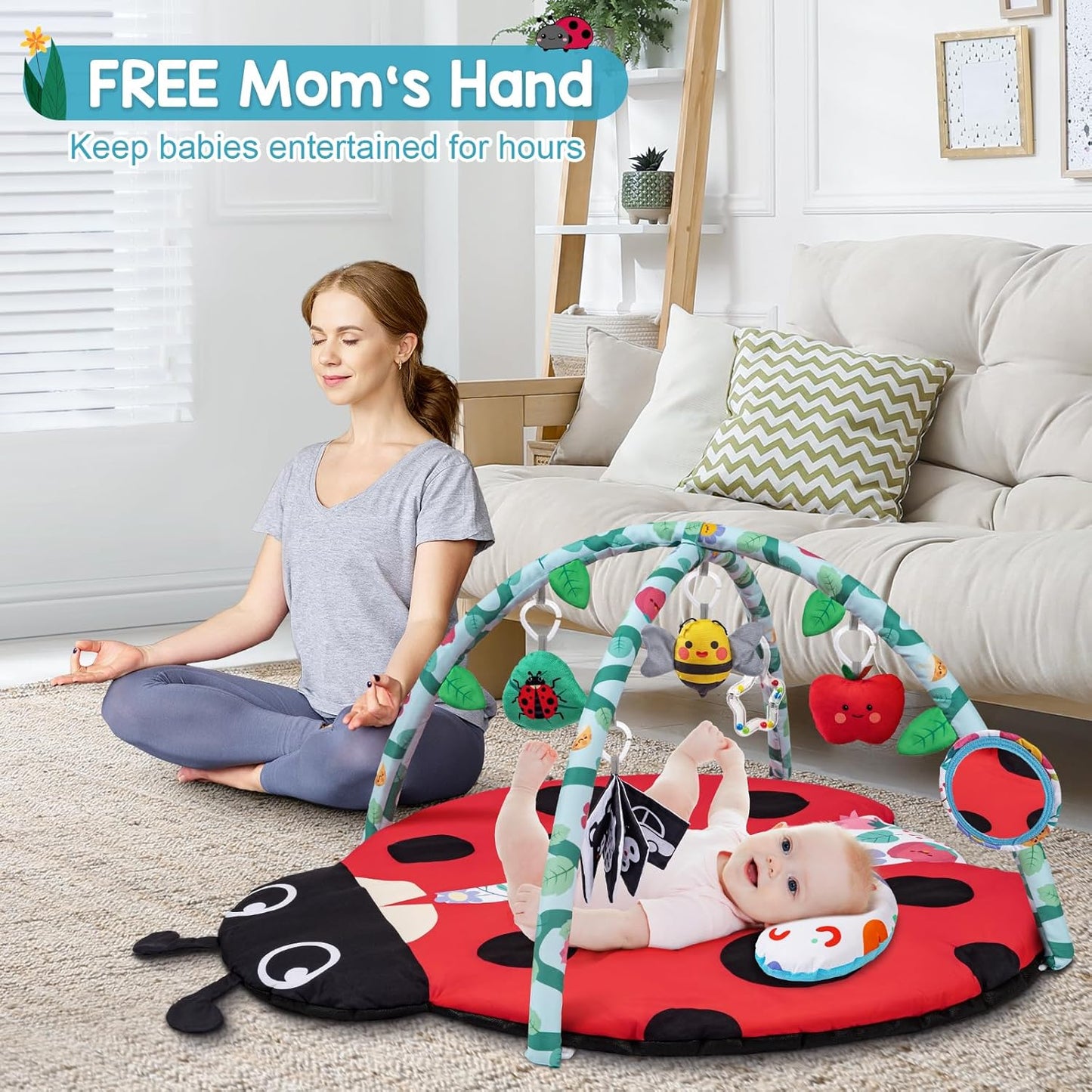 Jyusmile Baby Play Gym Mat, 8-in-1 Tummy Time Mat with 6 Toys, Washable Baby Activity Mat for Visual, Hearing, Sensory, Motor Development, Baby Essentials Gift for Newborn Infant 0-3-6-9-12 Months