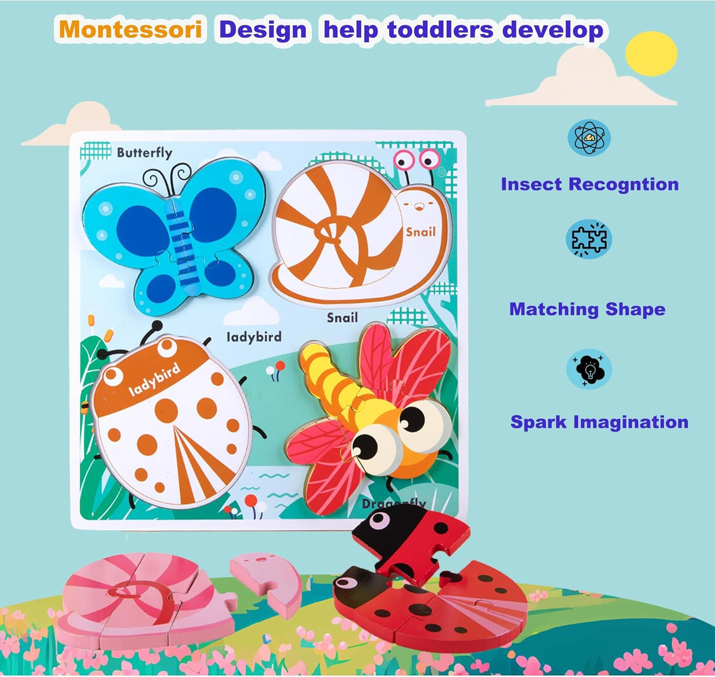 Wooden Jigsaw Puzzles for Toddlers 2-4 Years Old Girls Boys Jumbo Base Chunky Puzzle Ages1-3 Toddler Fun Gifts for 18 24 Months Baby