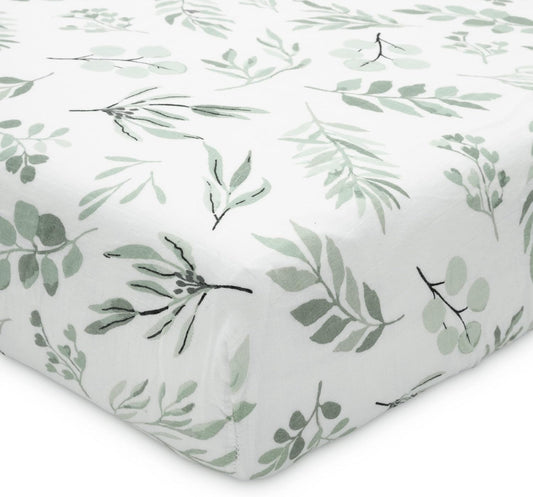 Organic Muslin Fitted Crib Sheet - Organic Crib Sheet for Standard Crib and Toddler Mattresses, Soft and Breathable, Eucalyptus Leaves, 28”x52”