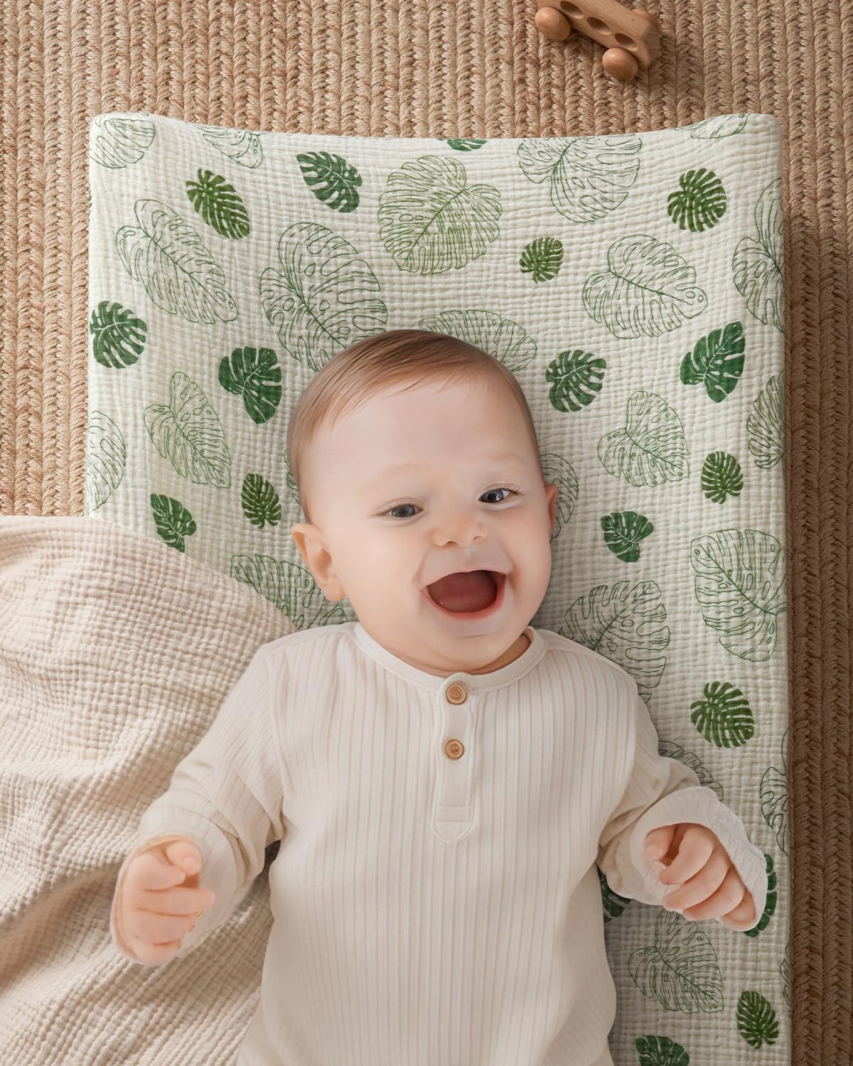 Blissful Diary Muslin Baby Changing Pad with Waterproof Lining Foam, Diaper Changing Table Pad with Cover for Dressers (Monstera, Rectangular)