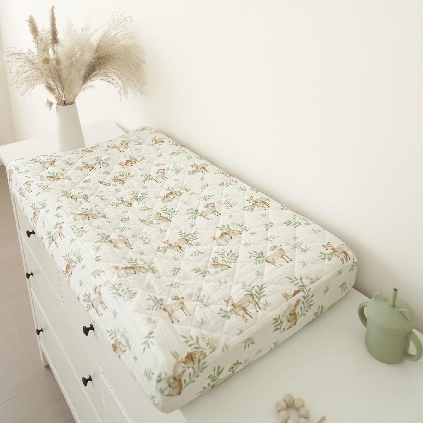 Konssy Waterproof Muslin Changing Pad Cover 2 Pack, Quilted Cotton Fitted Diaper Changing Table Cover, Soft Changing Pad Sheets for Girls Boys (Woodland, Sage)