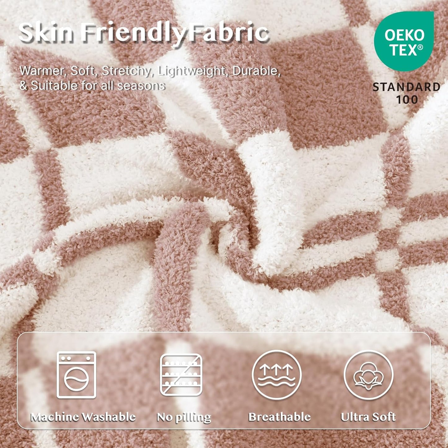 WRENSONGE Checkered Throw Blanket Clay Pink Soft Cozy Fluffy Warm Hand Made Weave Throw Blankets for Couch, Sofa, Chair, Bed, Camping, Picnic, Travel Lightweight Bed Blanket - 60"*80"