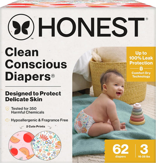 The Honest Company Clean Conscious Diapers for Delicate Skin | Up to 100% Leakproof | Hypoallergenic, Fragrance Free | Girl Prints | Club Box, Size 3 (16-28 lbs), 62 Count (Prints May Vary)