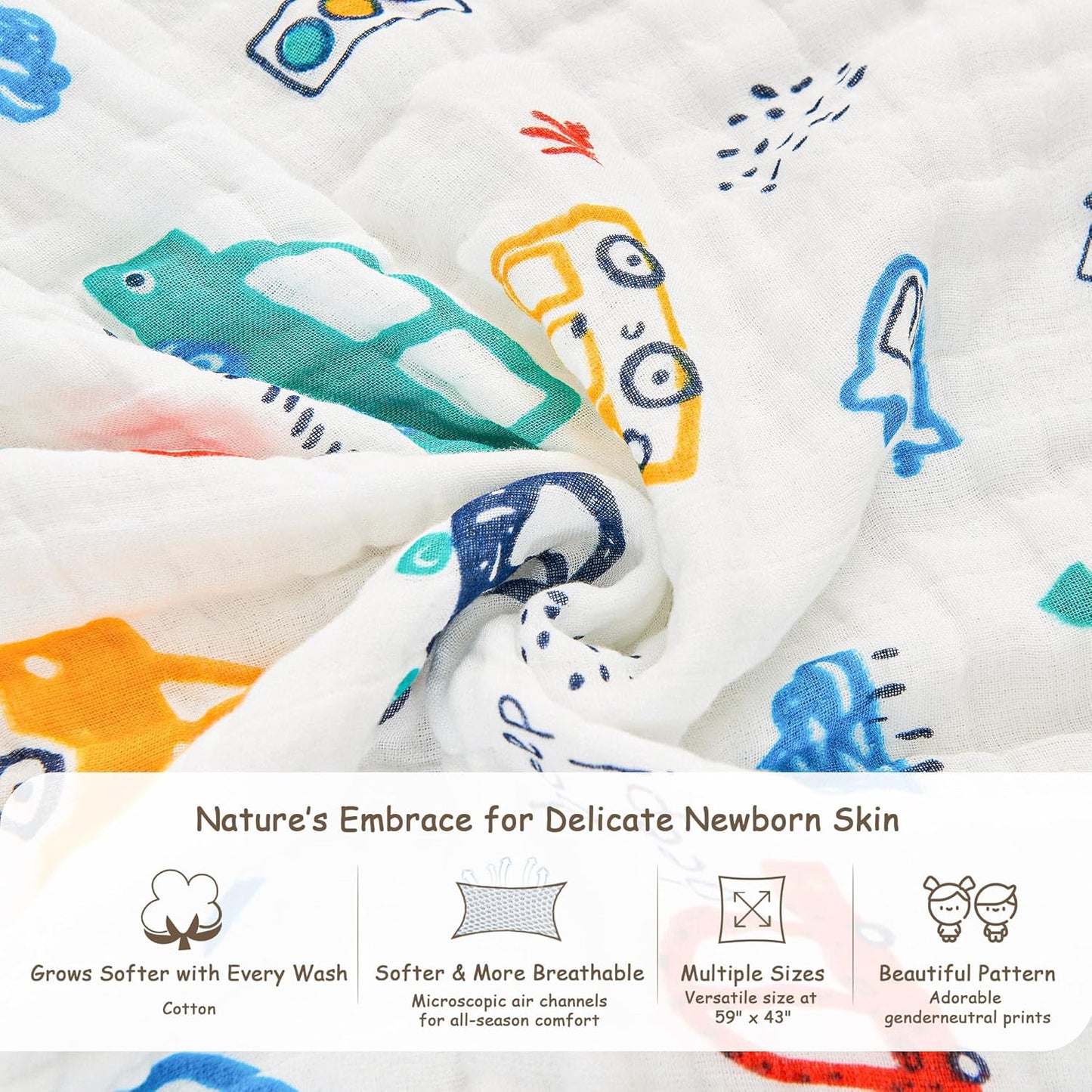 Luxury Muslin Baby Blanket, Cozy Swaddle, 6-Layer Cotton Receiving Blanket for Newborn Infant, 59x43 Inch Lightweight Breathable Crib Blanket, Nursery Stroller Toddler Quilt, Car Family
