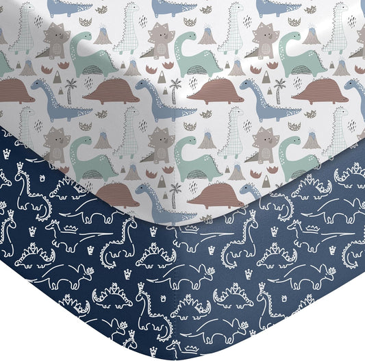 Yoofoss Baby Crib Sheets 2 Pack for Boys and Girls - 52x28 Fitted Crib Sheet Neutral Fits for Standard Crib and Toddler Mattress, Ultra Soft Breathable Microfiber Dark Blue Dinosaurs
