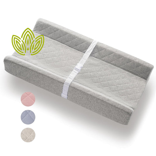 Organic Cotton Contoured Baby Changing Pad w/Waterproof Foam Mattress, Includes Soft, Removable & Washable Cover, Safety Strap, Non-Slip Bottom, Topper for Standard Size Infant Diaper Table & Dresser