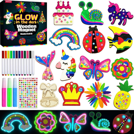 Wooden Magnets Painting Kit - Glow in The Dark - Arts & Crafts Supplies Painting Kit for Kids 4-8 8-12 - Family Crafts and Birthday Christmas Activities, Party Favors for Boys Girls Ages 4 5 6 7 8 9