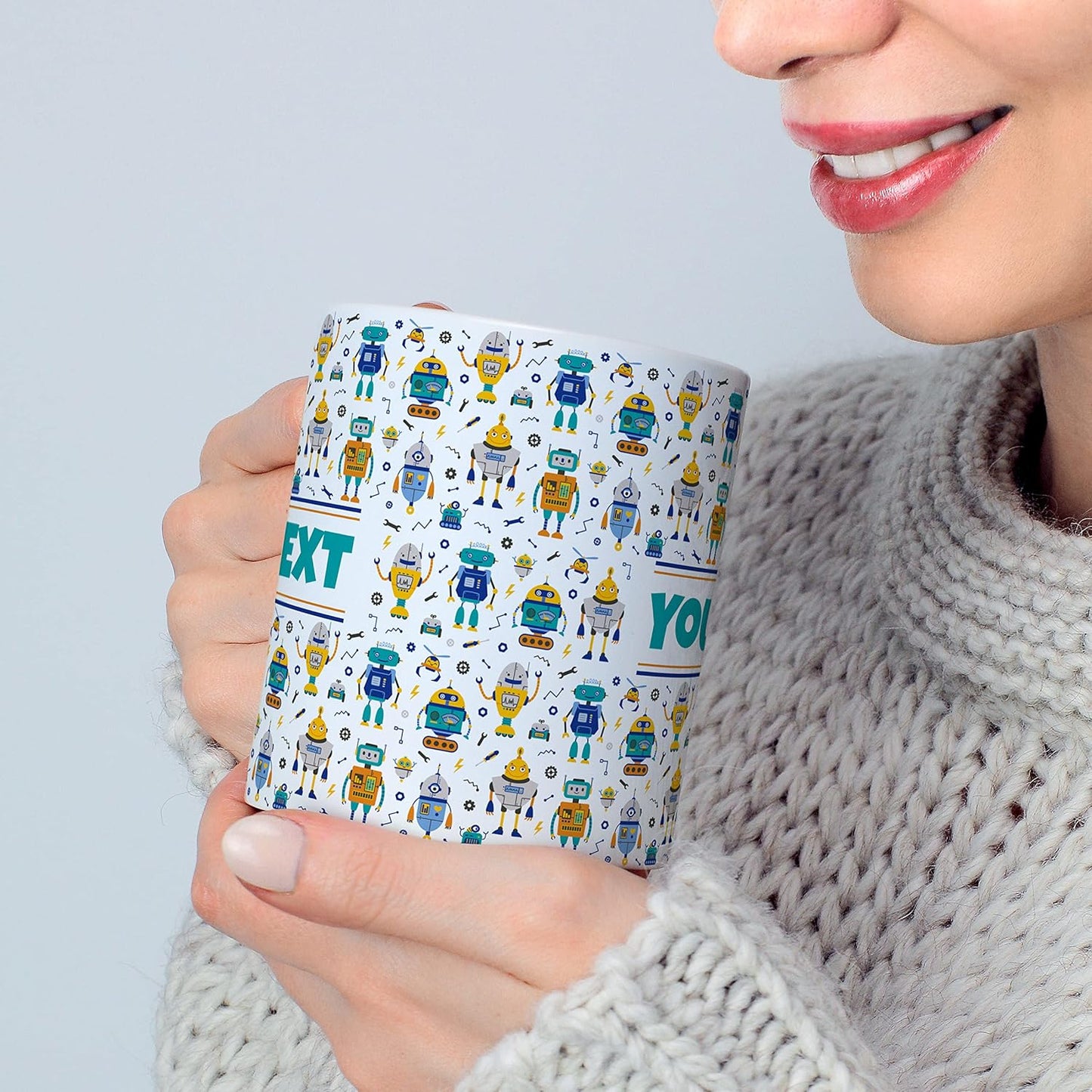 Personalized Mug for Kids - Robots - Custom Name/Text, Ceramic Hot Chocolate/Cocoa/Coffee Cup for Boys, Birthday/Christmas/Holiday Gift - 11 oz, Navy Blue Handle