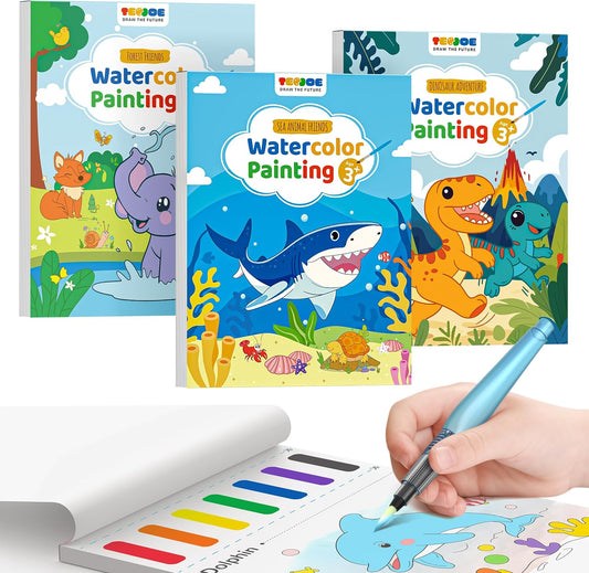 TECJOE 3 Pack Paint With Water Coloring Books for Toddlers, Watercolor Paint Set with 6 Brushes, Painting Activity for Kids Ages 4 5 6 7 8, Christmas Gift arts & Crafts Toy, Dinosaurs, Forest & Sea