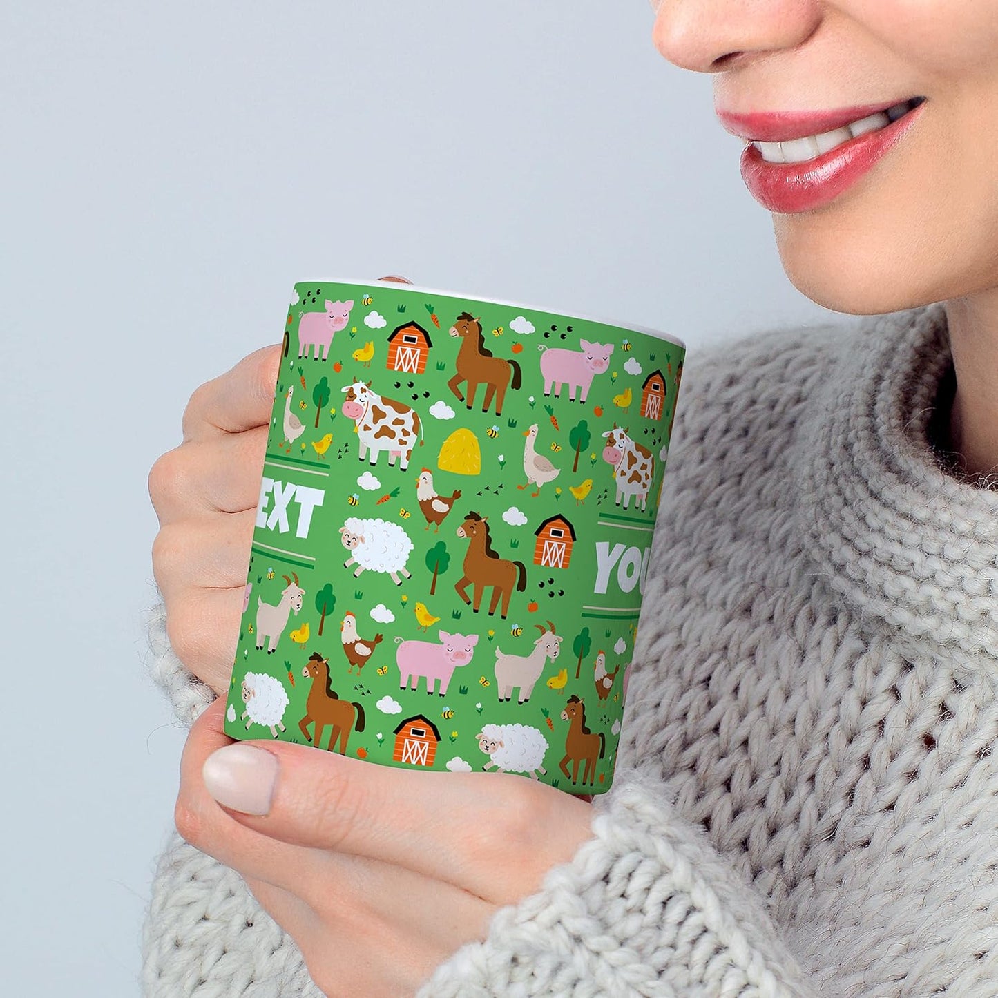 Personalized Mug for Kids - Farm Animals - Custom Name/Text, Ceramic Hot Chocolate/Cocoa/Coffee Cup for Boys/Girls, Birthday/Christmas/Holiday Gift - 11 oz, Pink Handle