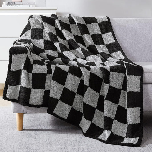 WRENSONGE Checkered Throw Blanket, Black Grey Checkered Soft Cozy Fluffy Warm Hand Made Weave Throw Blankets for Couch, Sofa, Chair, Bed, Picnic,Travel Lightweight Bed Blanket - 60 * 80