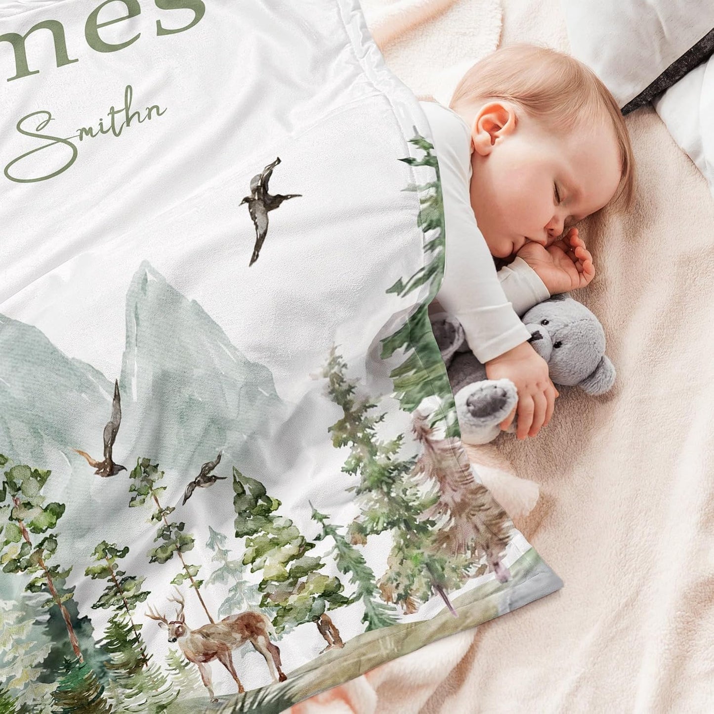 Personalized Woodland Baby Blanket with Name Custom Name Blanket for Boy Newborn Expect Mom Customized Gifts for Baby Shower Birthday Christmas