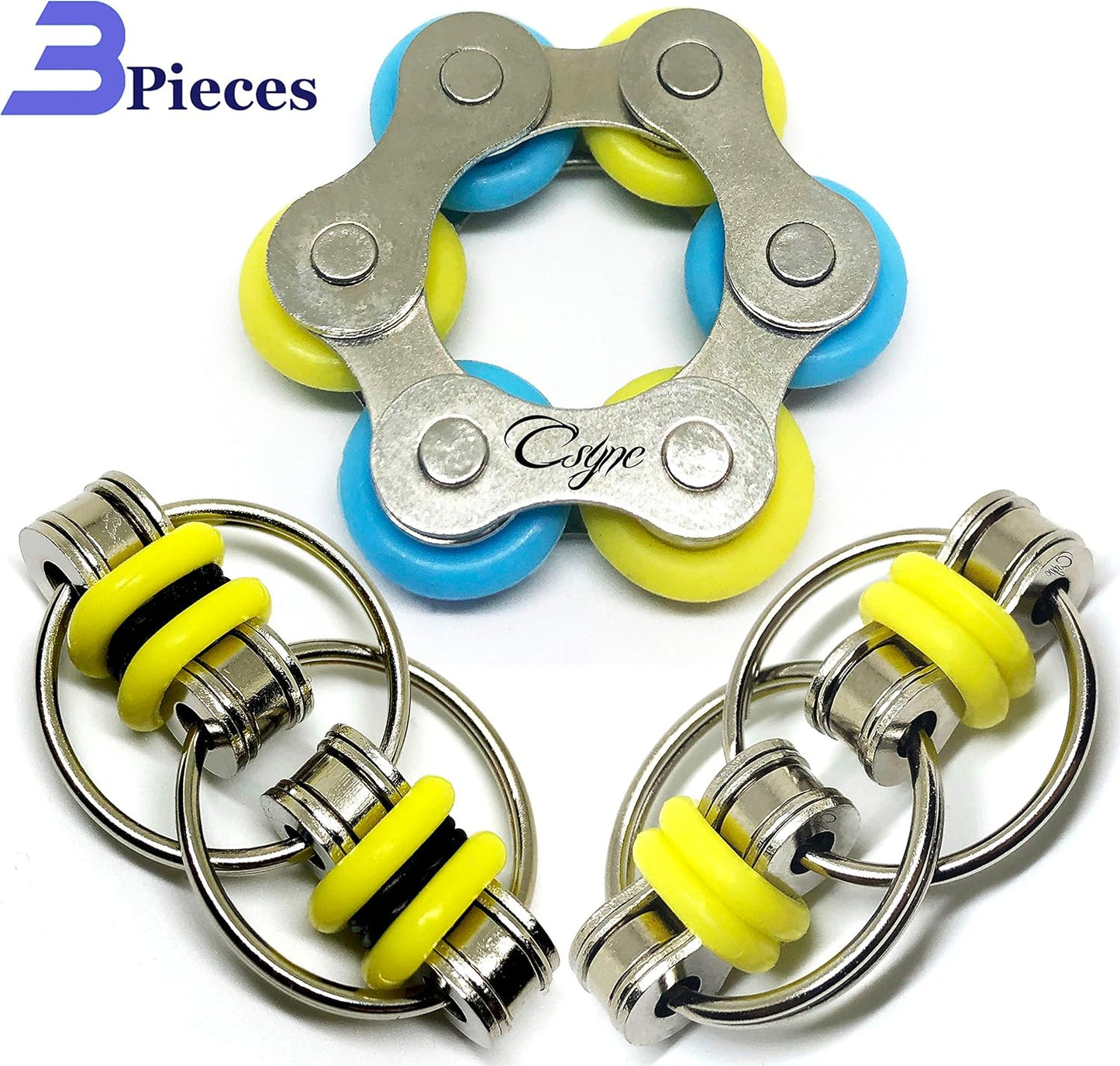 Fidget Toys Flippy Roller Chain - Stress Relief Perfect for ADHD, ADD, Anxiety in Classroom, Office, School, Work for Students, Teens, Adults Stocking Stuffers Gifts (3 Piece) (Yellow)
