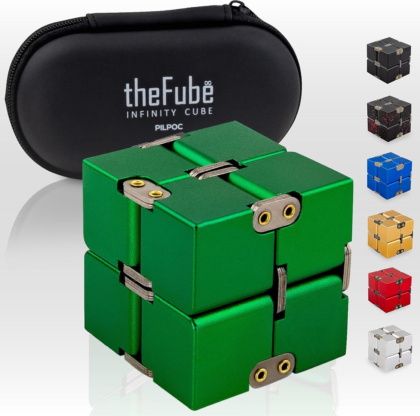PILPOC theFube Infinity Cube Fidget Desk Toy - Aluminum Infinite Magic Cube with Case, Sturdy, Heavy, Relieve Stress and Anxiety, for ADD, ADHD, OCD (Green)