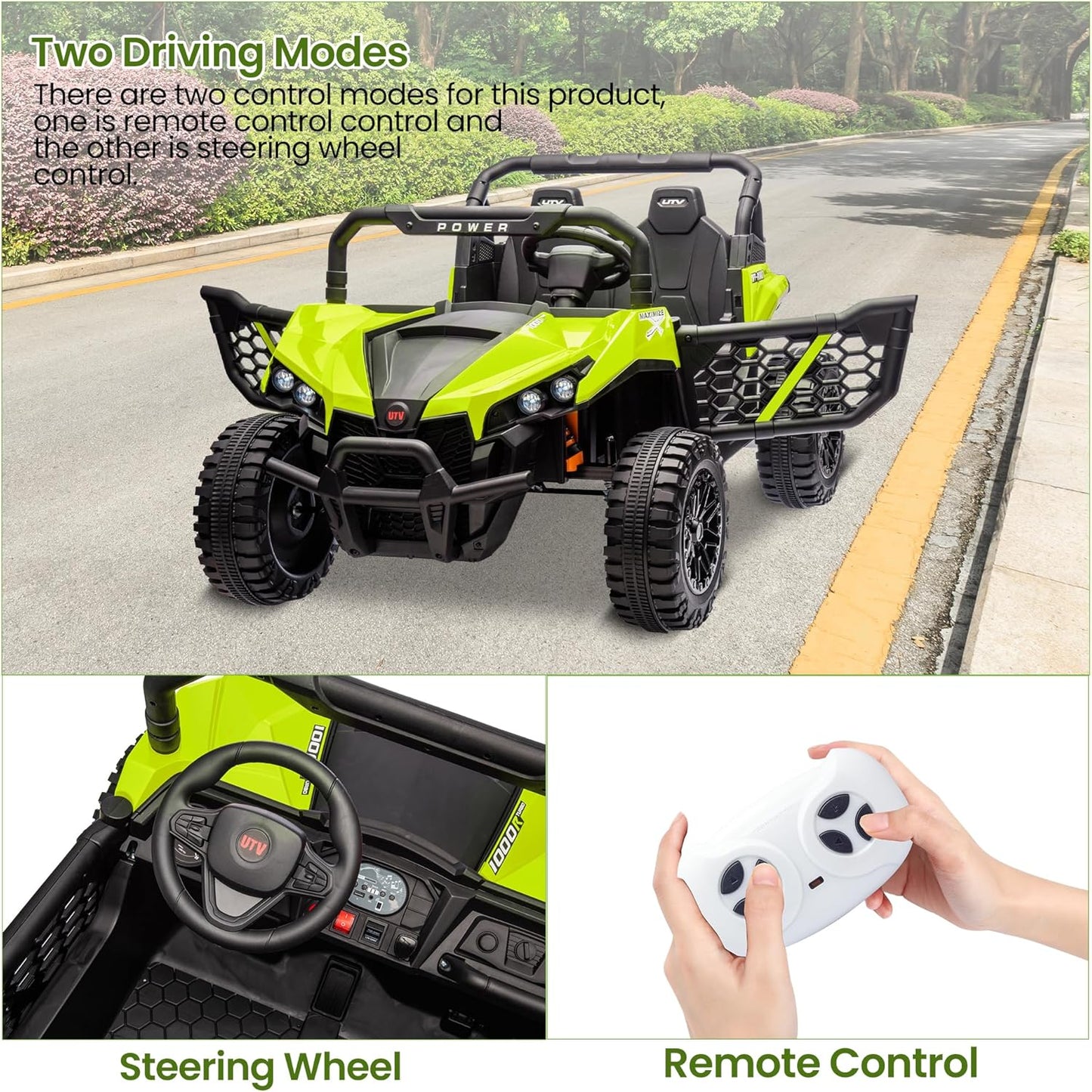 24V 2 Seater Ride On Car Truck, Power Wheels Kids UTV w/Parent Remote Control, 3.1 MPH Max Speed, Music Player, LED Lights & Storage, Electric Vehicle Ride On Toy for Kids Toddler Ages 3-8, Green