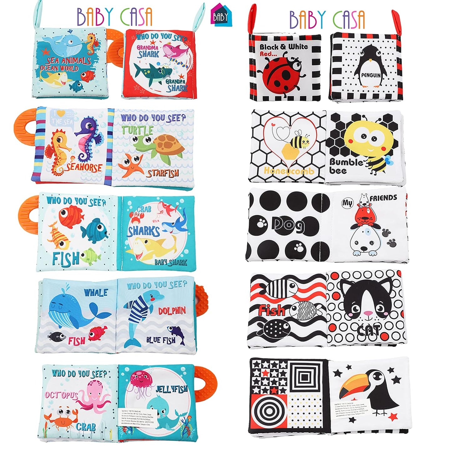 High Contrast Baby Books, Black and White Cloth Crinkle Books for Babies Infant Toys 0-3-6-12-18 Months, Shower Baby Gifts, Teething Teether Sensory Toy for Boys Girls, Fish, 2PCS