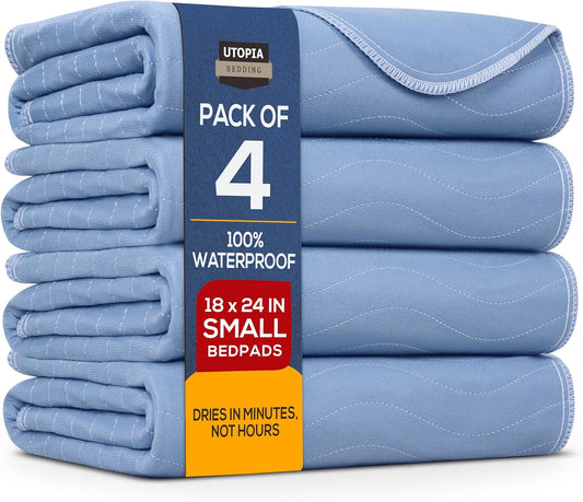 Utopia Bedding Washable Underpads 18" x 24" (Pack of 4), Waterproof Reusable Heavy Absorbency Incontinence Bed Pads for Adults, Kids, Elderly and Pets, Bedwetting Pads for Sofa and Couch (Blue)