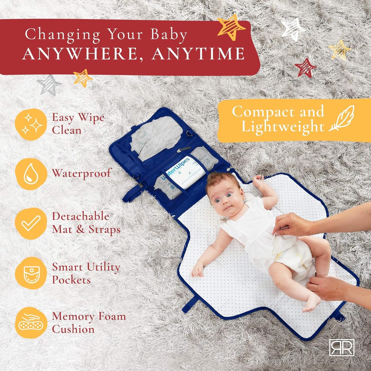 Portable Diaper Changing Pad Waterproof – B0NUS Insulated Baby Bottle Bag, 2-in-1 Diaper Clutch and Changing Mat, Wipe Clean Portable Changing Pad with Built-in Head Cushion (Dark Blue)