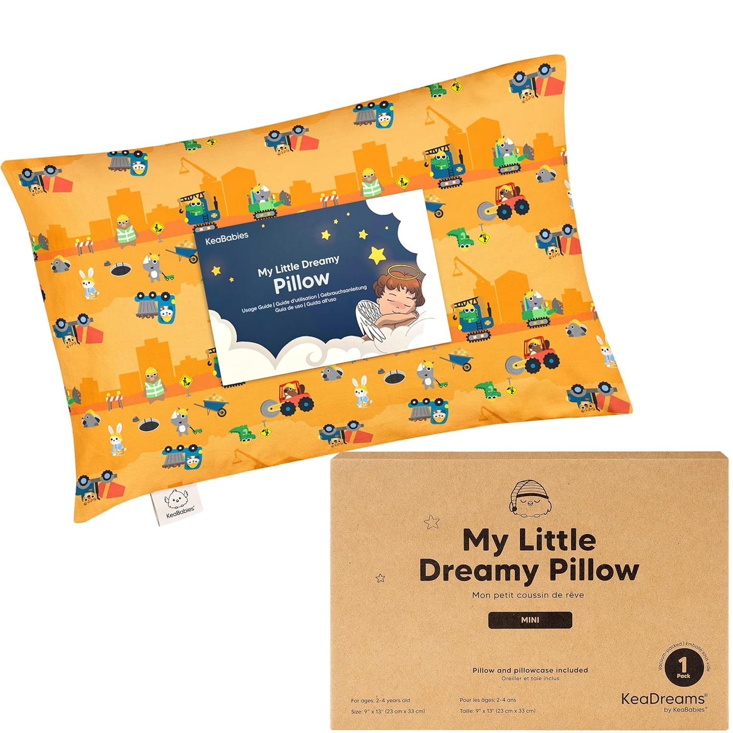 Mini Toddler Pillow with Pillowcase - 9x13 My Little Dreamy Travel Kids Pillow for Sleeping, Toddler Bed, Small, Tiny, Organic Cotton Pillowcase, Soft & Breathable,Kids 2-4 Years Old (Little Builders)
