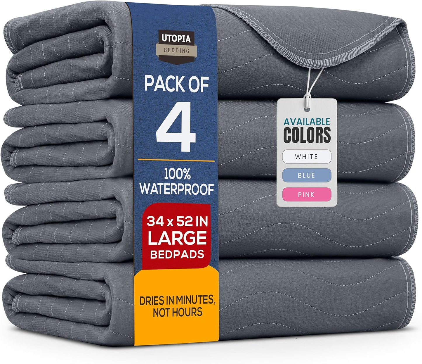 Utopia Bedding Washable Underpads 34" x 52" (Pack of 4), Waterproof Reusable Heavy Absorbency Incontinence Bed Pads for Adults, Kids, Elderly and Pets, Bedwetting Pads for Sofa and Couch (Grey)