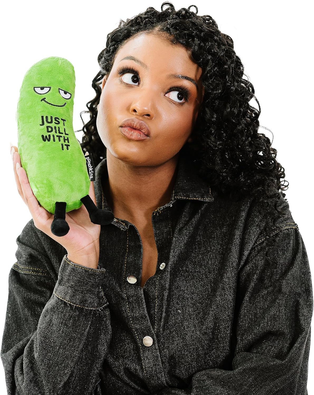 Pickle Foodie Plushie, Funny Pun Meme Gag Gift, White Elephant, Stocking Stuffer Present, Great for Emotional Support, Fun Desk Accessory, Weighted Base for Display