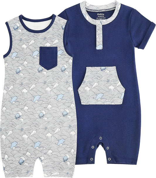 Owlivia Baby Short Sleeve Summer Romper Set, 2 Pack Tank Jumpsuit for Girls and Boys, Cartoon One Piece Coverall Outfit