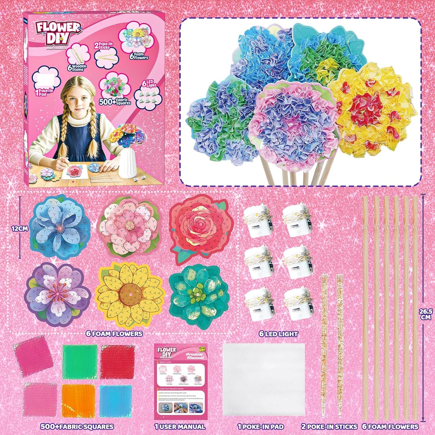 Flower Bouquet Art Craft Kit, Poke DIY Creative Activity Kit with with 6 Flowers & 6 Light Strings, Mess-Free Fun for Girls & Boys, Fun & Educational Kids Craft Gift for Girls Boys Ages 4, 5, 6, 7, 8+