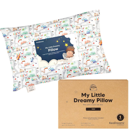 Mini Toddler Pillow with Pillowcase - 9x13 My Little Dreamy Travel Kids Pillow for Sleeping, Toddler Bed, Small, Tiny, Organic Cotton Pillowcase, Soft & Breathable, Kids 2-4 Years Old (Roadway)