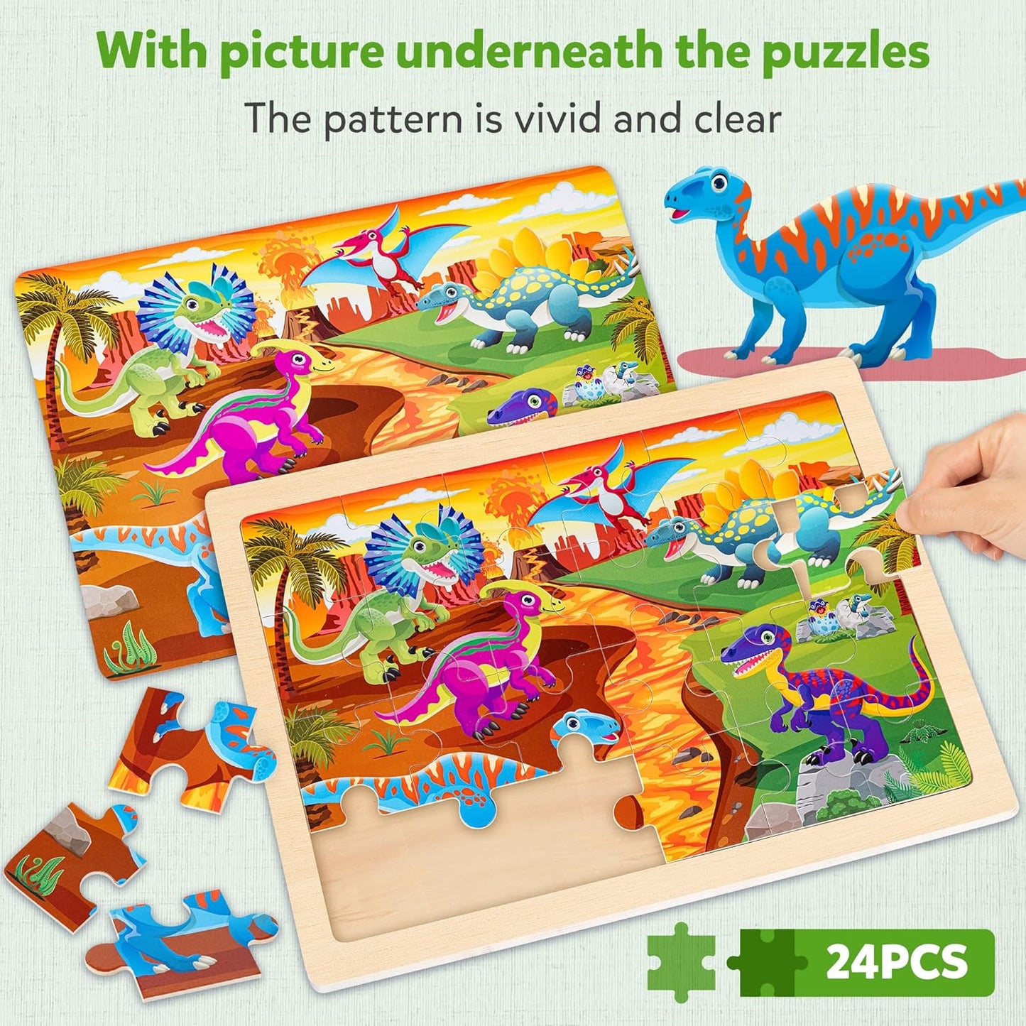 SYNARRY Large Wooden Dinosaur Puzzles for Toddlers 2-4, Wood Dino Puzzles for Kids Ages 4-6, Dinosaur Toys for Kids 3-5, Preschool Educational Children Learning Gifts for 3 4 5 Year Old Boys Girls