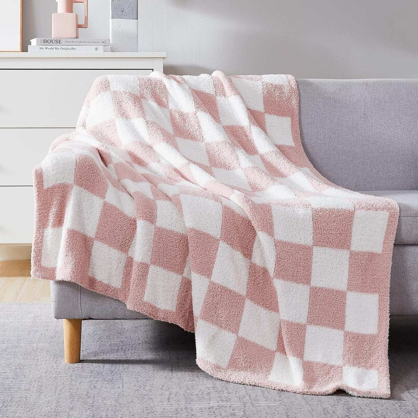WRENSONGE Checkered Throw Blanket, Pink Soft Cozy Fluffy Warm Hand Made Weave Throw Blankets for Couch, Sofa, Chair, Bed, Camping, Picnic, Travel Lightweight Bed Blanket - 60 * 80