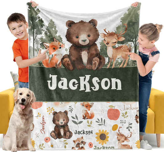 Woodland Animals Personalized Boy Baby Blanket, Custom Baby Throw Blanket with Name for Newborn Son Daughter Grandson Granddaughter Toddler Birthday Bed Blanket