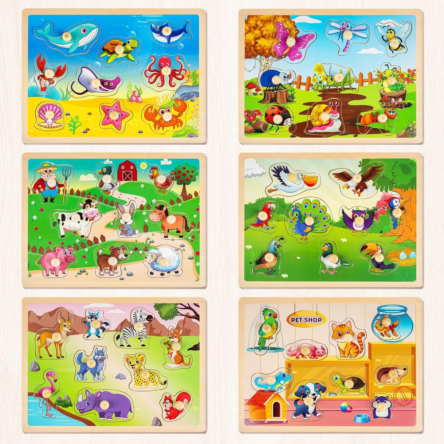 SYNARRY Wooden Puzzles for Toddlers 1-3, 6XSET Animals Puzzles for Toddlers 2-4 with Rack, Toddler Puzzles Ages 2-4, Kids Learning Educational Montessori Toys for 2 3 Year Old, Gifts for Boys Girls