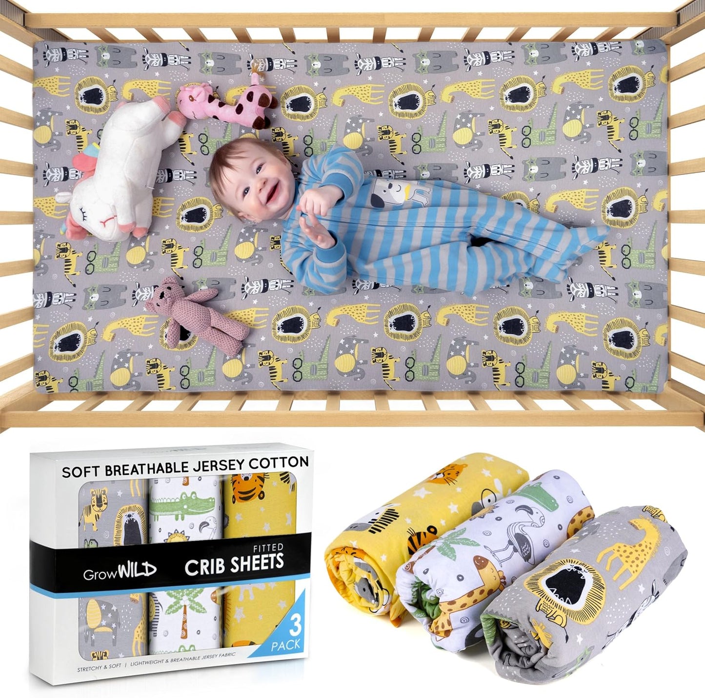 Fitted Nautical Crib Sheets (3 Pack) by GROW WILD - Jersey Knit Cotton Crib Sheet for Boys, Toddler Bed Mattress & Baby Boy Crib Bedding Set, 52” x 28” x 9” Crib Sheets (Safari Animals)