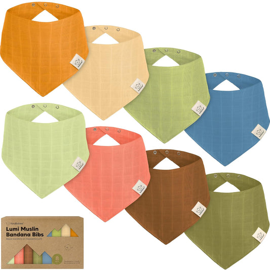 8-Pack Muslin Baby Bibs for Boys, Girls - Muslin Bandana Drool Bibs for Baby Girl & Boy, Drooling Newborn, Teething Toddler, Infant 0-36 Months, 100% Cotton Extra Absorbent & Soft (Primeval)