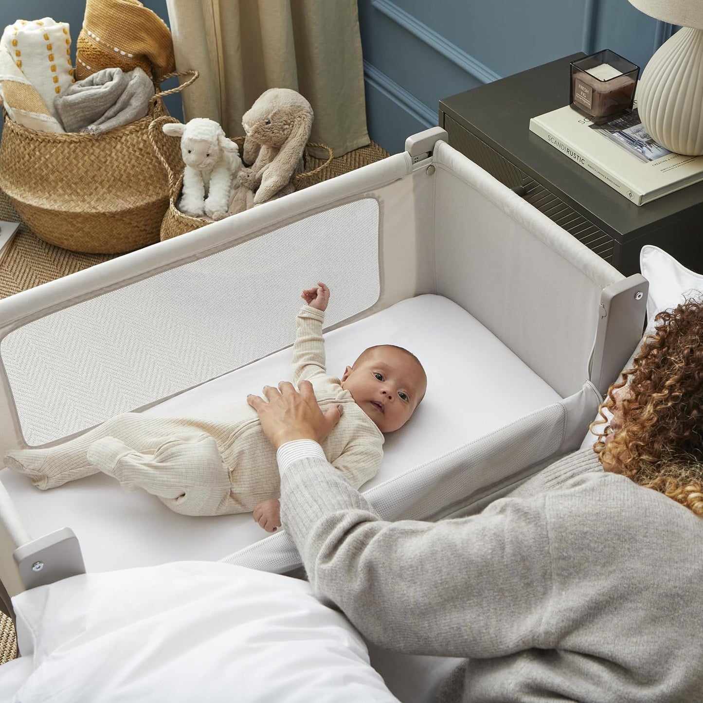 Air Lite Bedside Infant Crib | Breathable Mesh Sides, Drop-Down Panel, Reflux Incline, Adjustable Height, Compact Co-Sleeper Crib with Mattress - Taupe