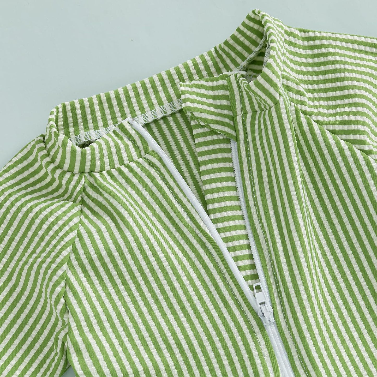 Toddler Baby Boys Seersucker Short Sleeve One Piece Rash Guard Swimsuit Zipper Bathing Suit Swimwear with Hat