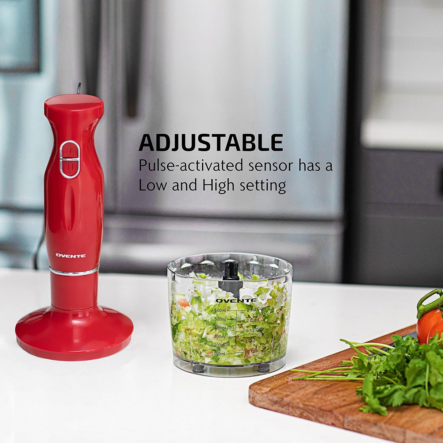 OVENTE Immersion Hand Blender, 300W Electric Handheld Portable Stick Mixer Set with 2 Mixing Speed, Stainless Steel Blades, Egg Whisk Attachment, Mixing Beaker and BPA-Free Food Chopper, Red HS565R