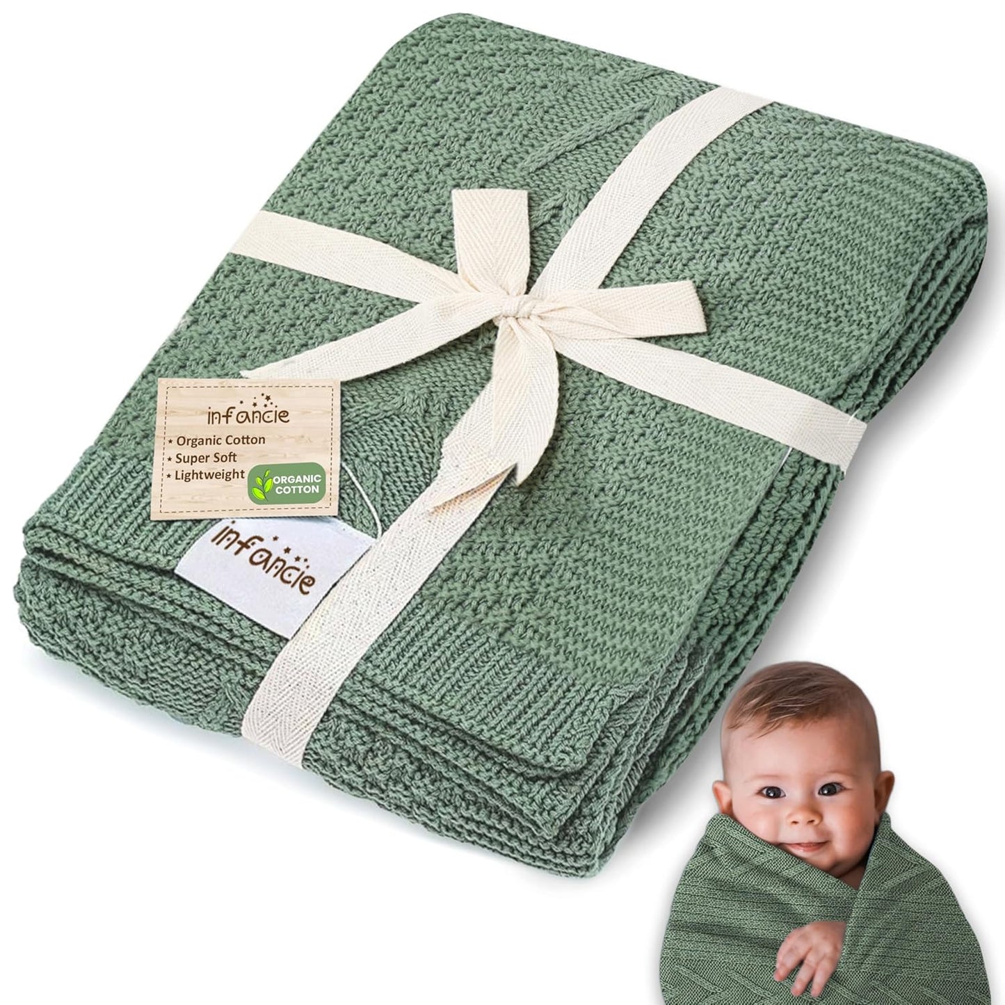 Organic Cotton Baby Blanket - 31.5 x 43.3 Inches, Soft Knitted Crib Blanket for Boys & Girls, Breathable Design (Green)
