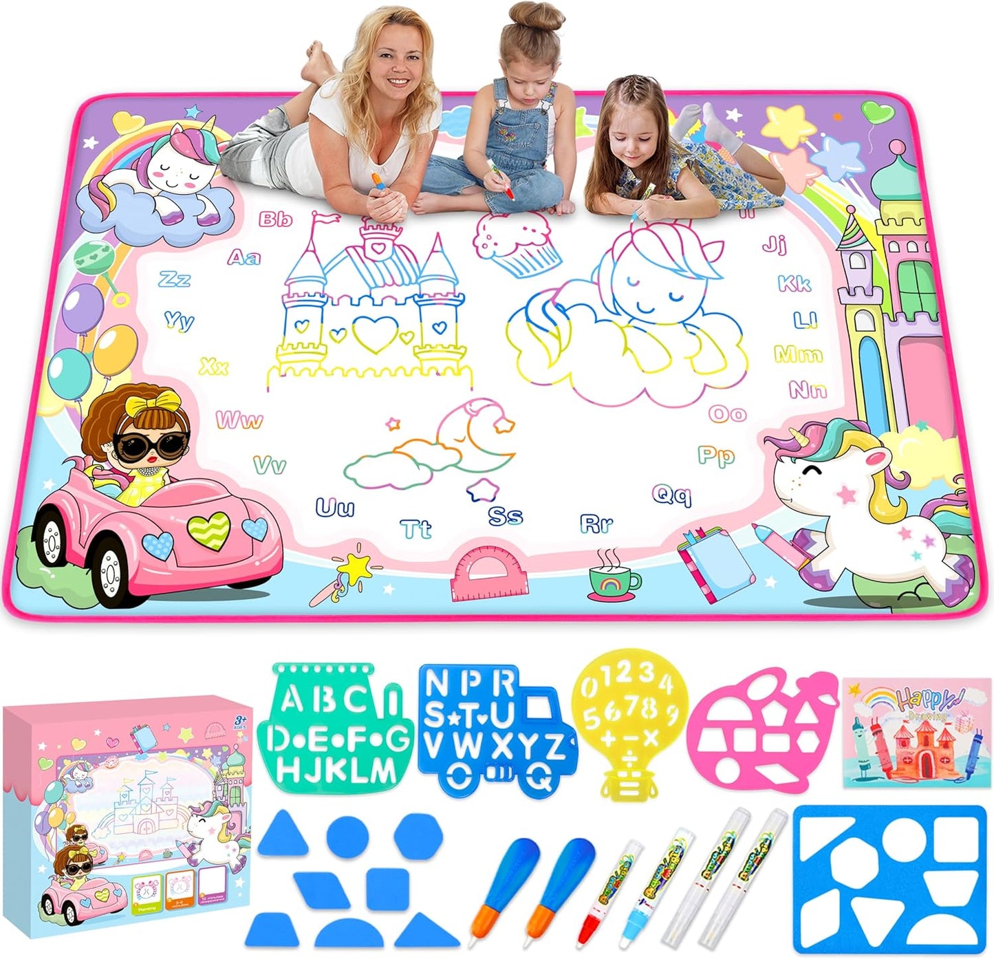 Water Doodle Mat- Kids Painting Writing Doodle Board Toy - Color Drawing Mat Bring Magic Pens Educational Toys for Age 3 4 5 6 7 8 9 10 Year Old Girls Boys Toddler Present