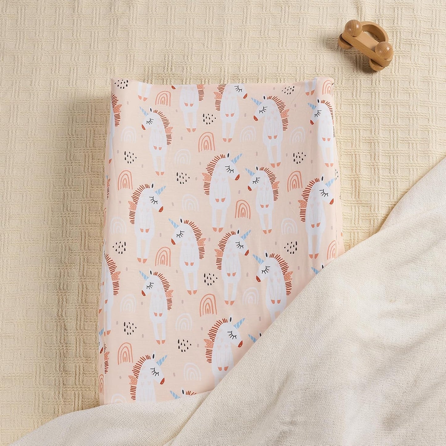 TILLYOU Changing Pad Cover Set in Soft Jersey Material - Fits 32"/34''x16 Contoured Pad for Babies, Unicorn & Meat Powder