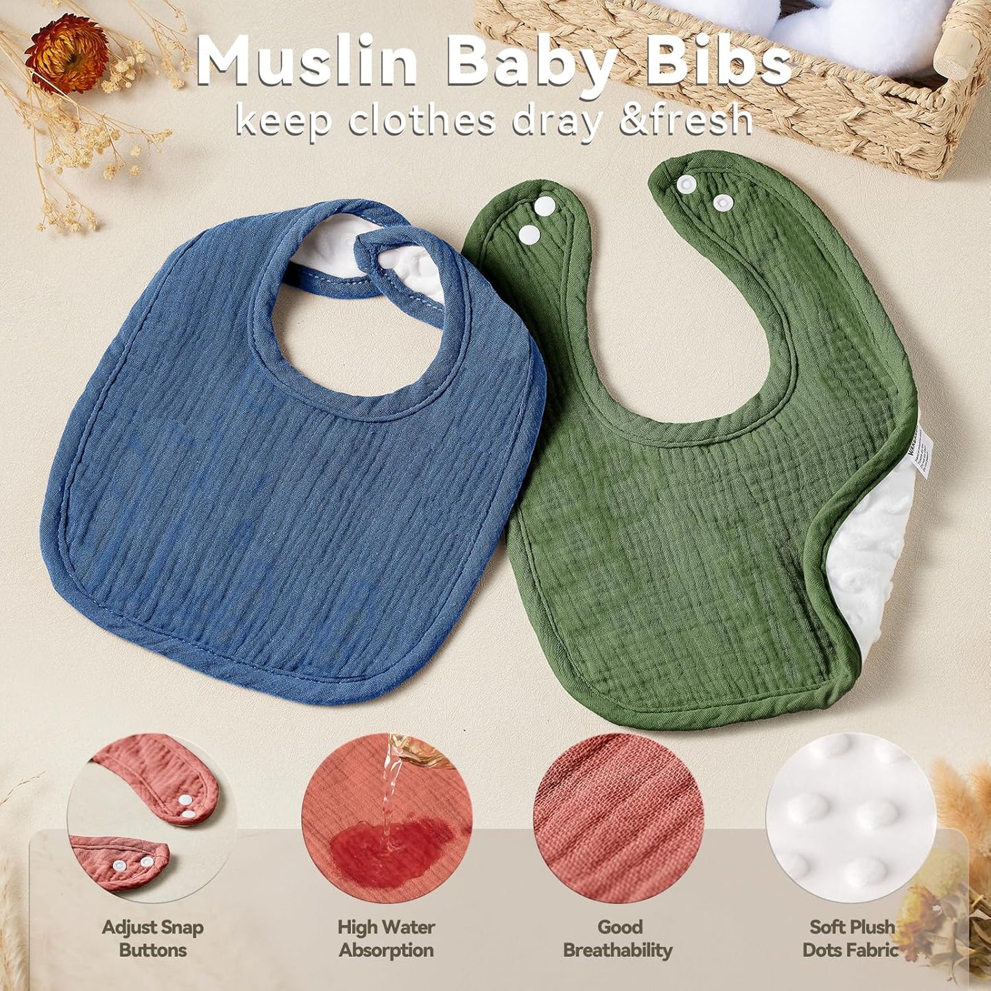 Muslin Baby Bibs for Unisex Boys Girls, Cotton Drool Bibs, Adjustable Newborn Bibs for Drooling and Teething